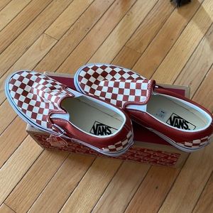 Mens size 9 or womens size 10.5 Vans checkerboard slip on. Color is burnt orange